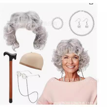 Amazon Hot Selling Gray Granny Wig Halloween Old Lady Short Curly Hair Grandpa Grandma Wig