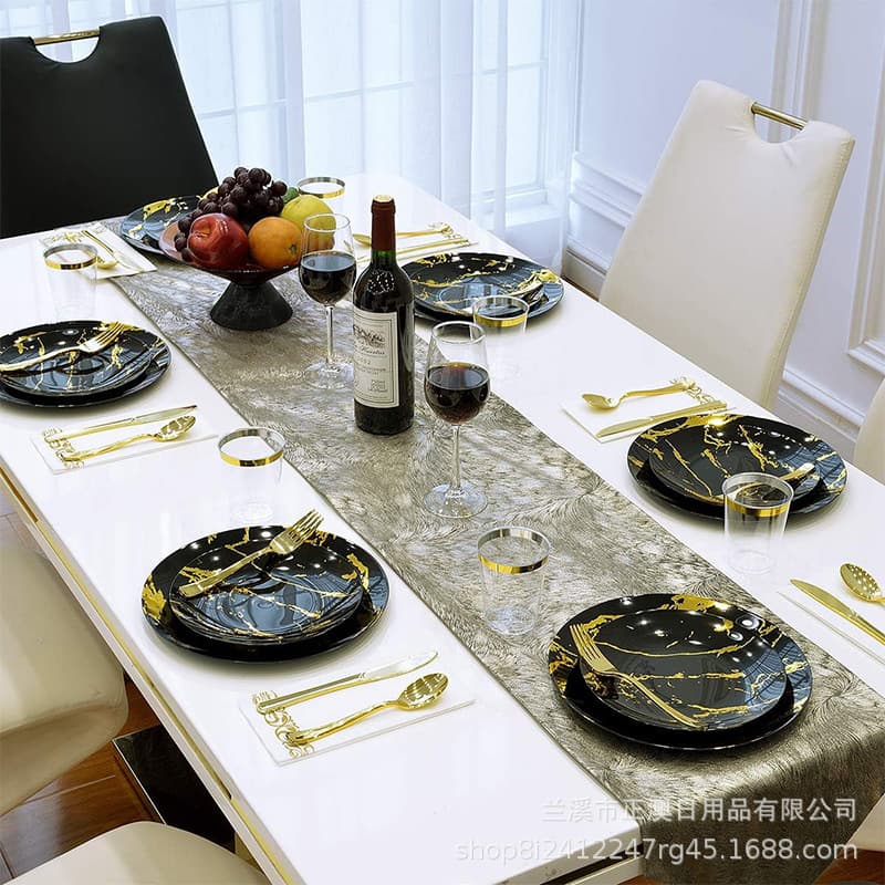 Black Marble Dinner Plate Set Dessert Plate Dinner Plate Knife Fork Spoon Party Disposable Tableware Set Wholesale