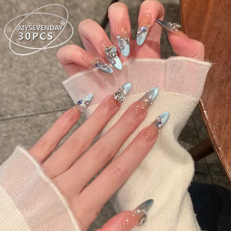 Xiaohongshu Hot Selling Wearable Nails High-End Cat Eye Rhinestone Women's Handmade Nail Tips Long Style Pure Desire Fake Nails