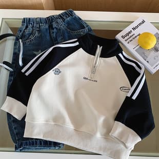Boys Girls Casual Hoodie 2026 Fall New Kids Half Placket Contrast Stand Collar Hoodie Fashion Casual Top