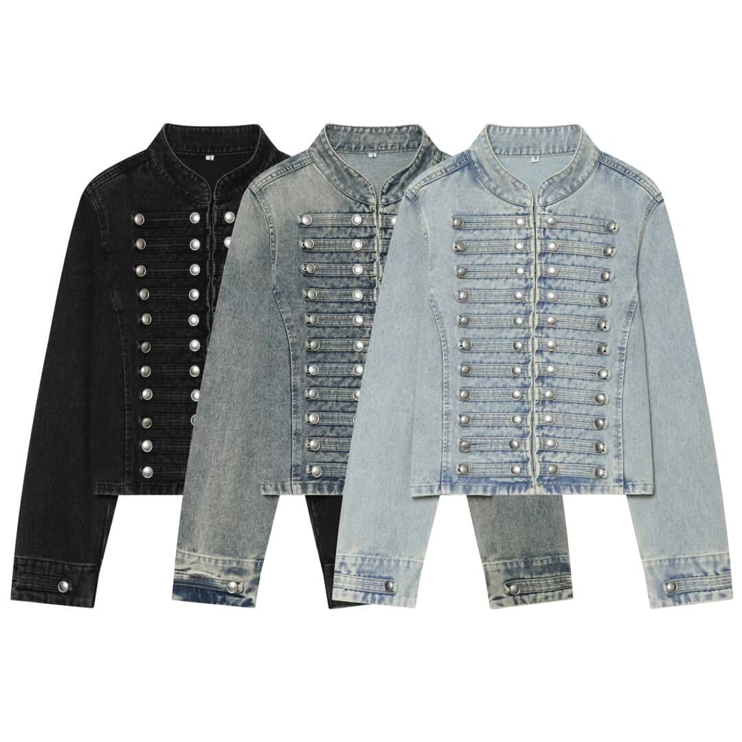 Cross-border Women's Summer Button and Stitched Embroidery Detail Fitted Long-Sleeve Cropped Denim Jacket