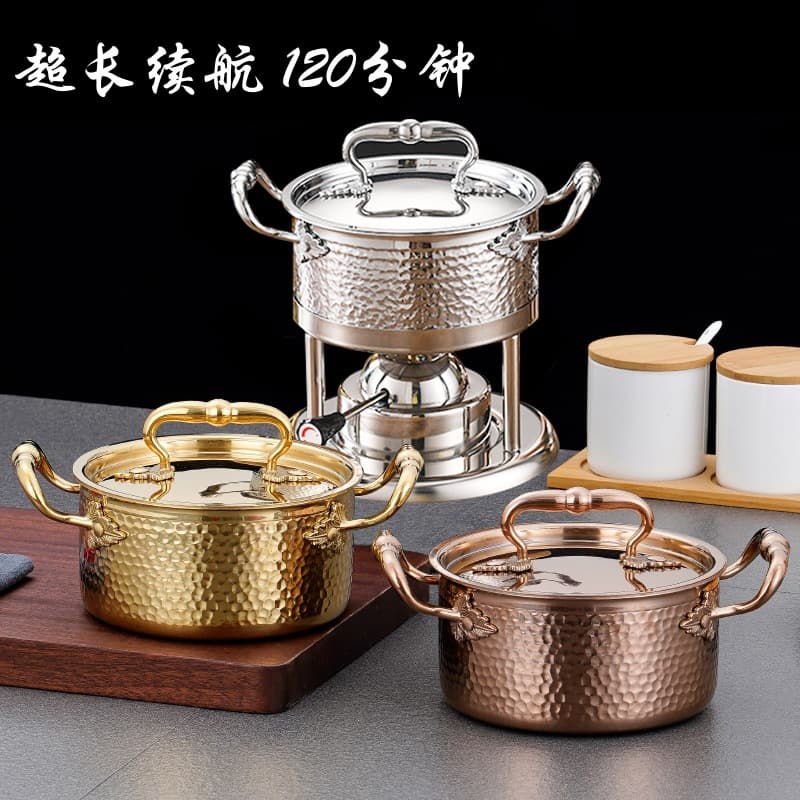 304 Three-Layer Steel Hammered Pot with Inflatable Stove Core, Single Serving Small Hot Pot, One Person One Pot, Alcohol Stove, Induction Cooker Soup Pot