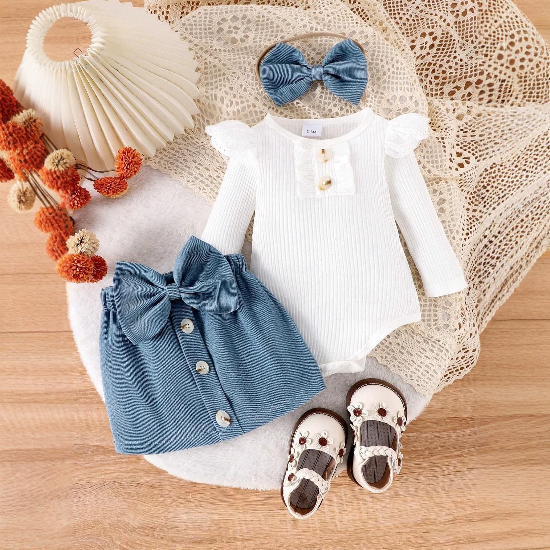 European American Girls Spring Fall New Ribbed Flutter Sleeve Bodysuit Big Bow Multi-Color Skirt + Headband 3-Piece Set