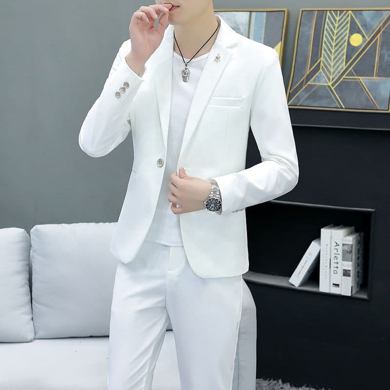 Korean style casual spring/summer men's suit set, slim fit business formal wear, groom's cool and stylish British casual blazer.