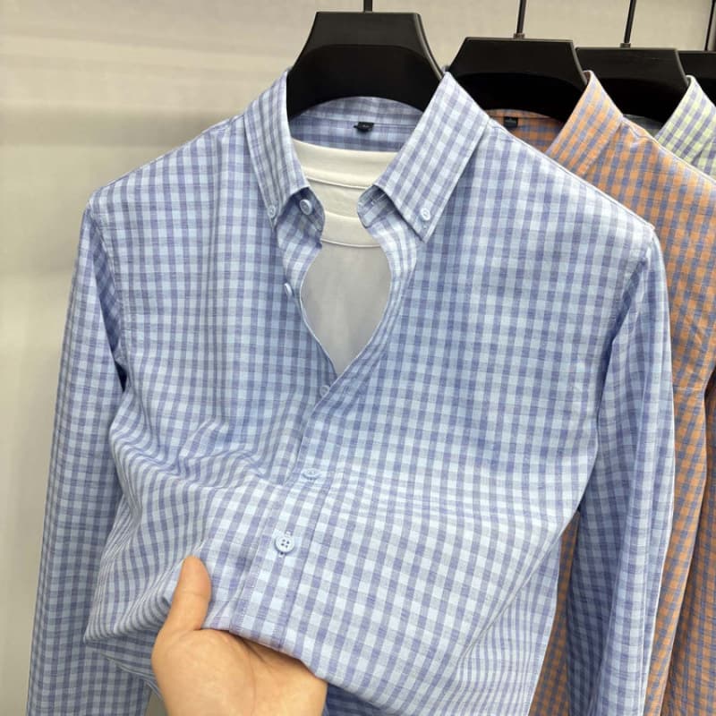 Spring Summer Middle Aged Men's Long Sleeve Shirt Men's Plaid Lyocell Cotton Shirt Dad Spring Casual Dress Shirt