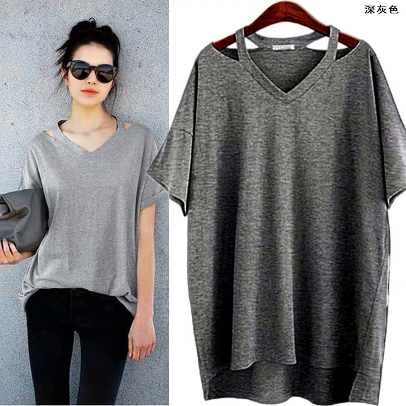 2021 summer new women's clothing European and American style plus size women's clothing loose casual mid-length V-neck T-shirt 260kg wearable