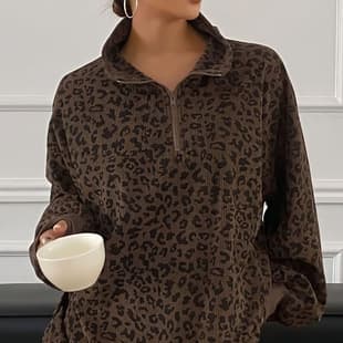 Oversized Leopard Corduroy Half Zip Sweatshirt Brown Casual