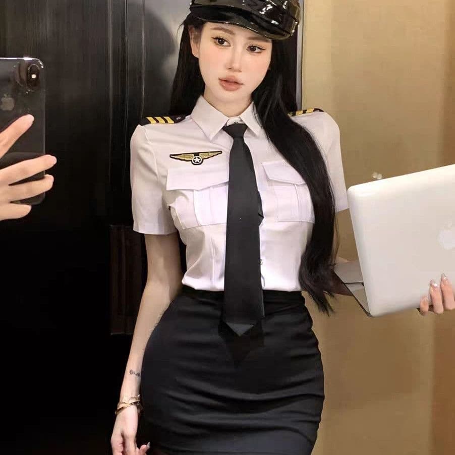 Short-Sleeve Shirt Summer Elegant Slim Top Sexy Pilot Flight Attendant Uniform Pencil Skirt Set Workwear for Women