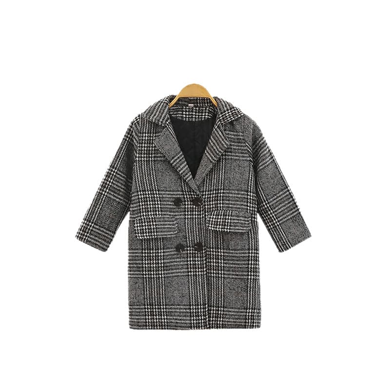 New Spring Autumn Winter Kids Children Houndstooth Tweed Coat Girls Medium Large Cotton Padded Thick Jacket Drop Shipping