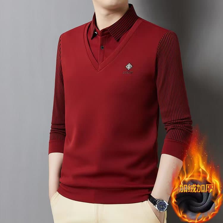 Two-Piece Shirt Collar Fleece-Lined Middle-Aged Base Layer Knitwear Versatile Fitted Top Men's Fashion Warm Thick