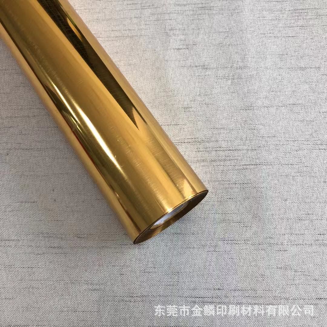 Double-sided brushed gold hot stamping foil for hot stamping on PVC, PET, film, plastic, and other transparent materials.