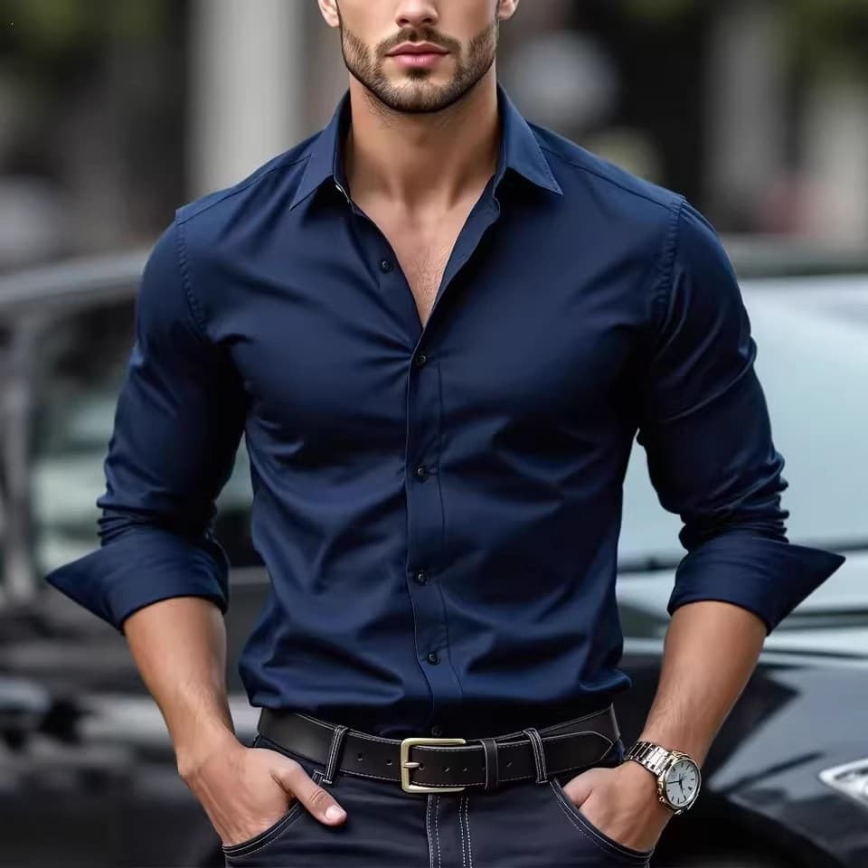 Muscular Fit Men's Business Shirt, Wrinkle-Free Professional Workwear, Summer Casual Long Sleeve Shirt
