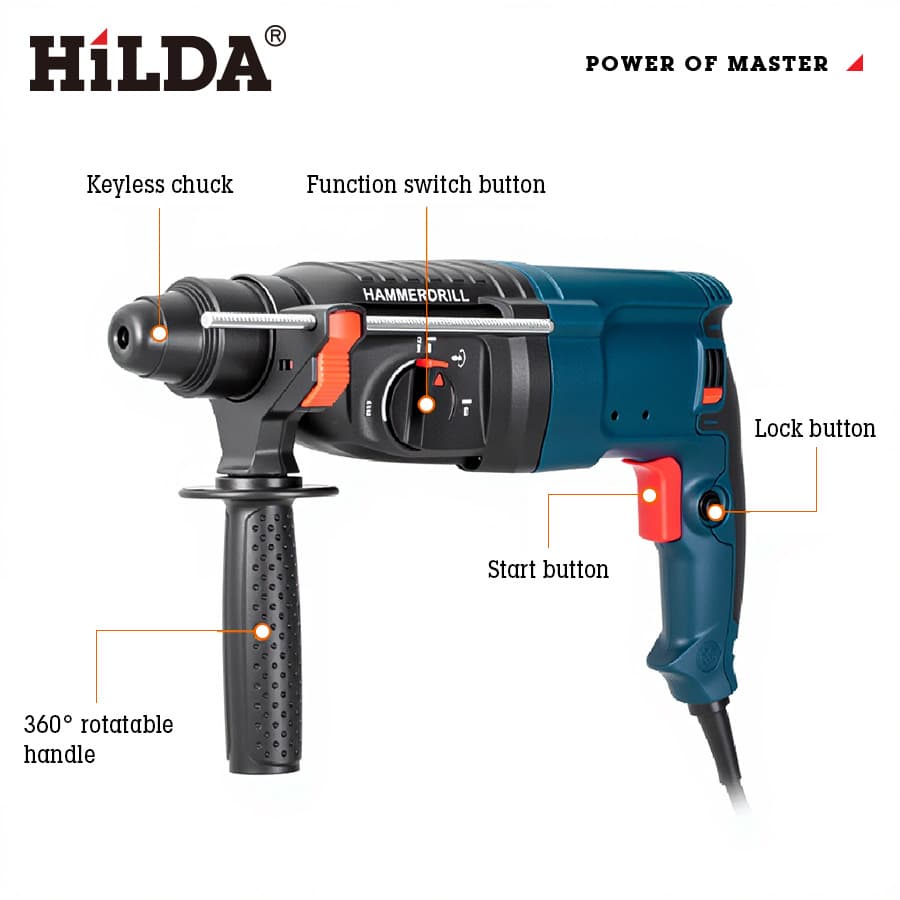 HILDA Electric Hammer Drill for Wall Drilling, Anchor Bolt Installation, and Concrete, Dual-Purpose Power Tool