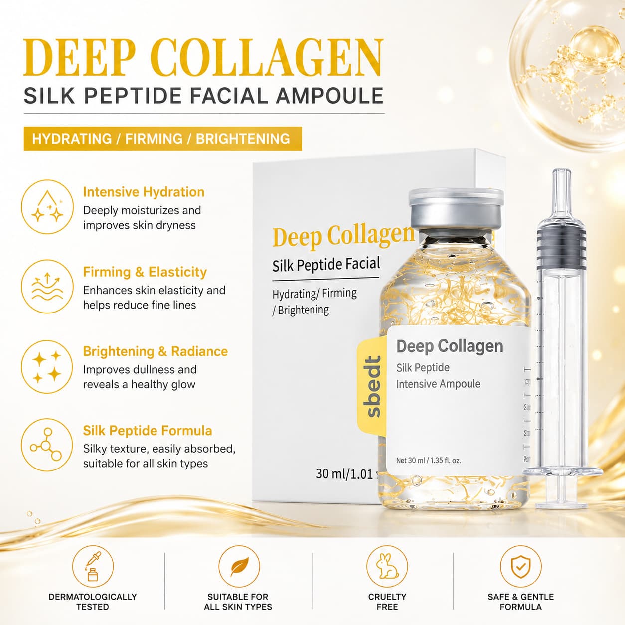 Silk Collagen Peptide Ampoule Essence Water, Hydrating, Moisturizing, and Repairing Skin Essence with Collagen