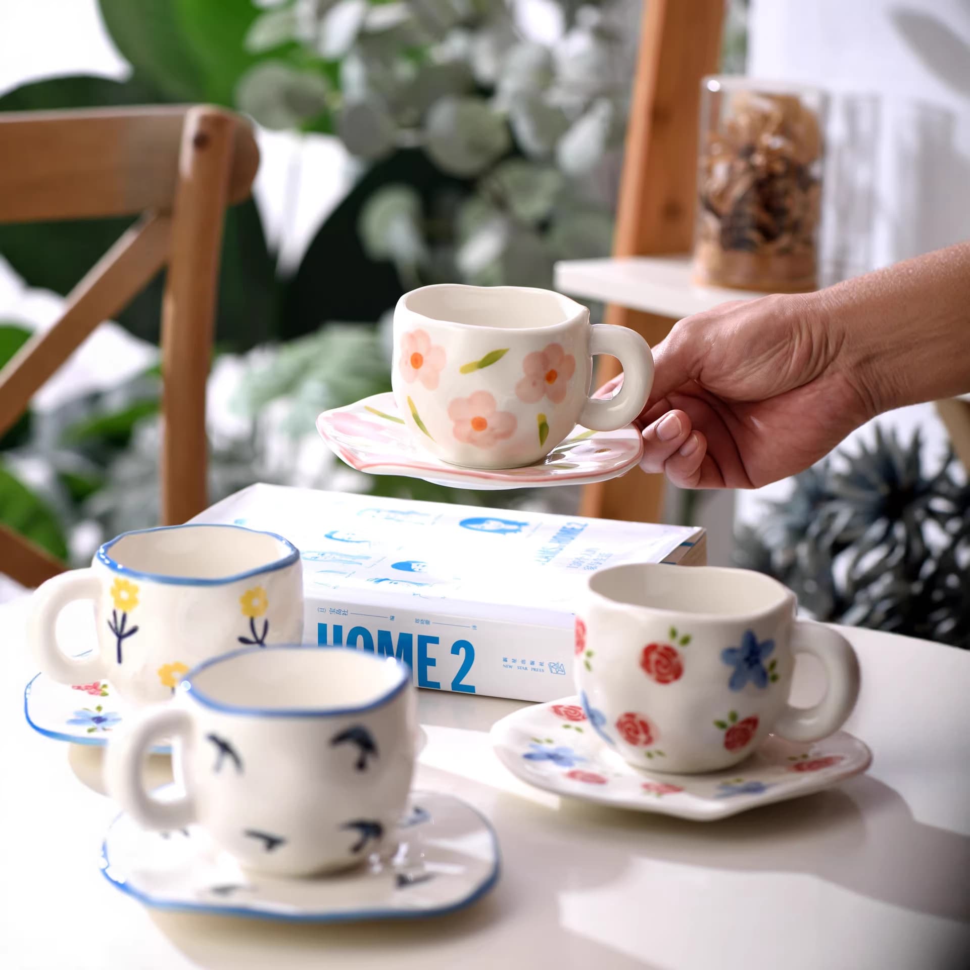 Korean Ins Style Hand-Painted Floral Hand-Thrown Ceramic Coffee Cup High-End Breakfast Cup Latte Cup Milk Cup Tea Cup