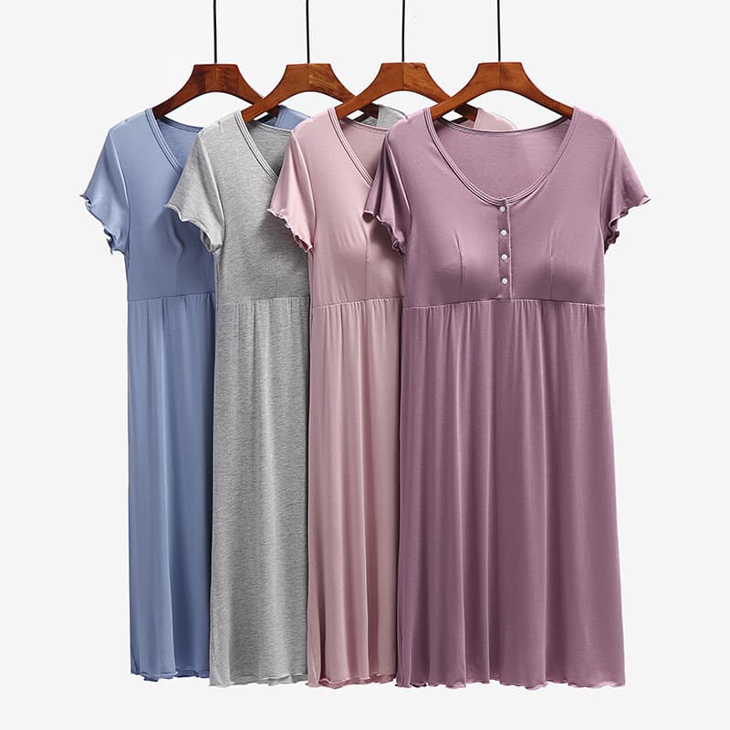 Maternity Nursing Dress Postpartum Breastfeeding Gown Regenerated Fiber Thin Button Front Short Sleeve Summer
