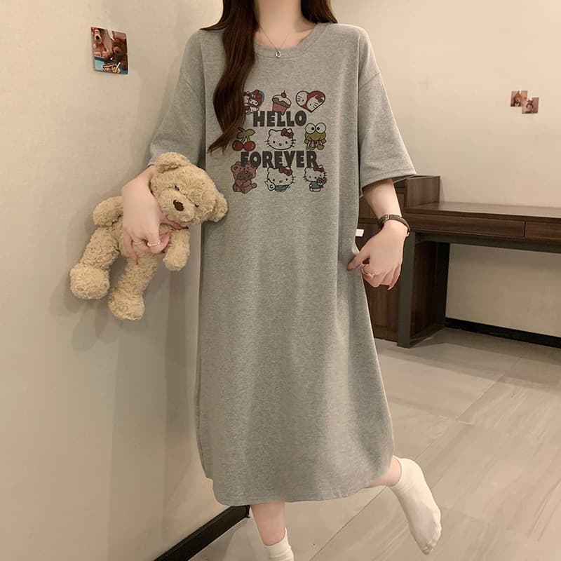 Summer Cotton Sleep Dress Women Short Sleeve Cartoon Midi Dress Cute Teen Loose Pregnant Maternity Pajamas Plus Size