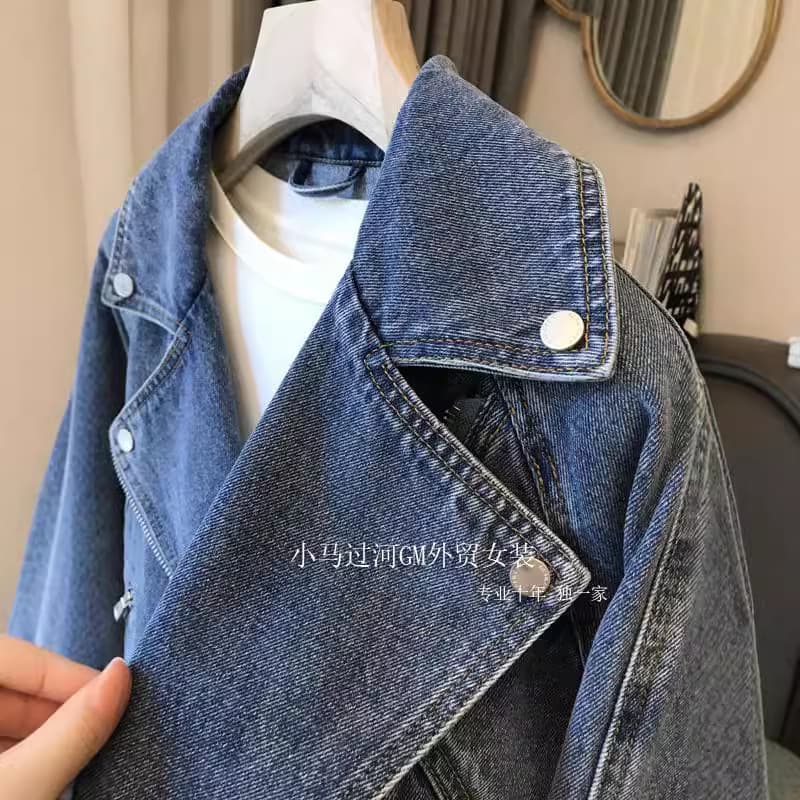 Trendy street style ~ full of fashion, a favorite of fashionistas! Motorcycle oversized lapel zip long-sleeve denim jacket