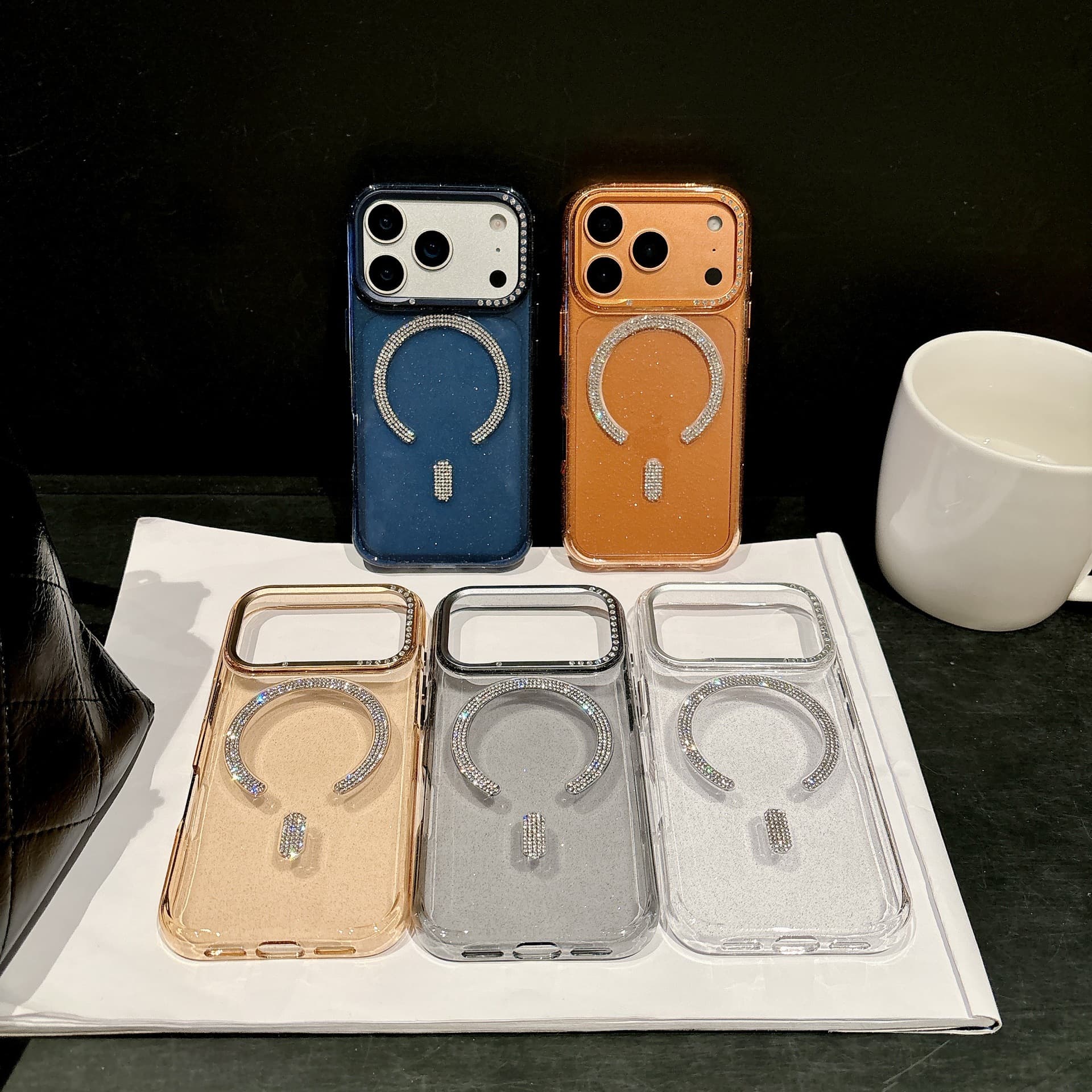 Compatible with iPhone 17 Pro Max phone case, magnetic starry glitter, Apple 16, mirror frame with rhinestones, full-coverage protective case