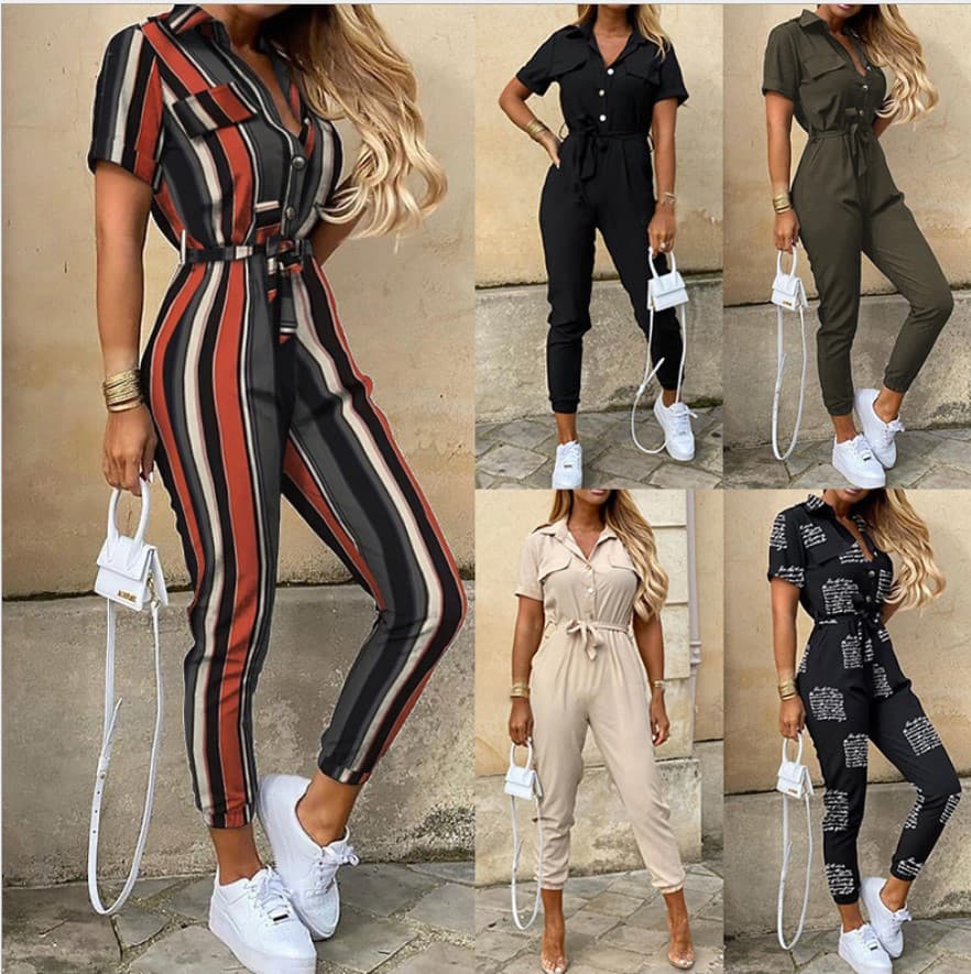 In Stock 2024 Summer Amazon Hot Selling European and American Women's Casual Lapel Print Belt Jumpsuit