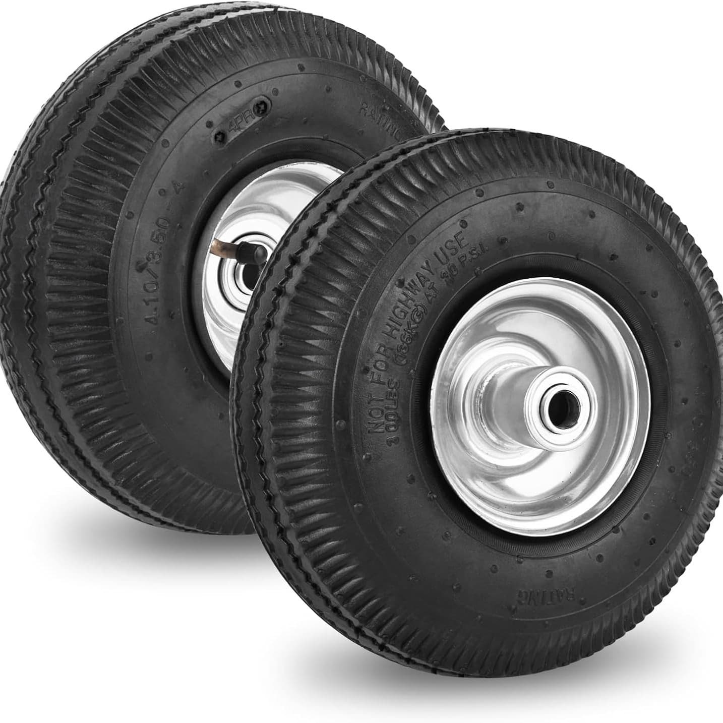 10-inch 410/350-4 pneumatic rubber wheels, 350-4 tires for handcarts, warehouse carts, and tool carts.