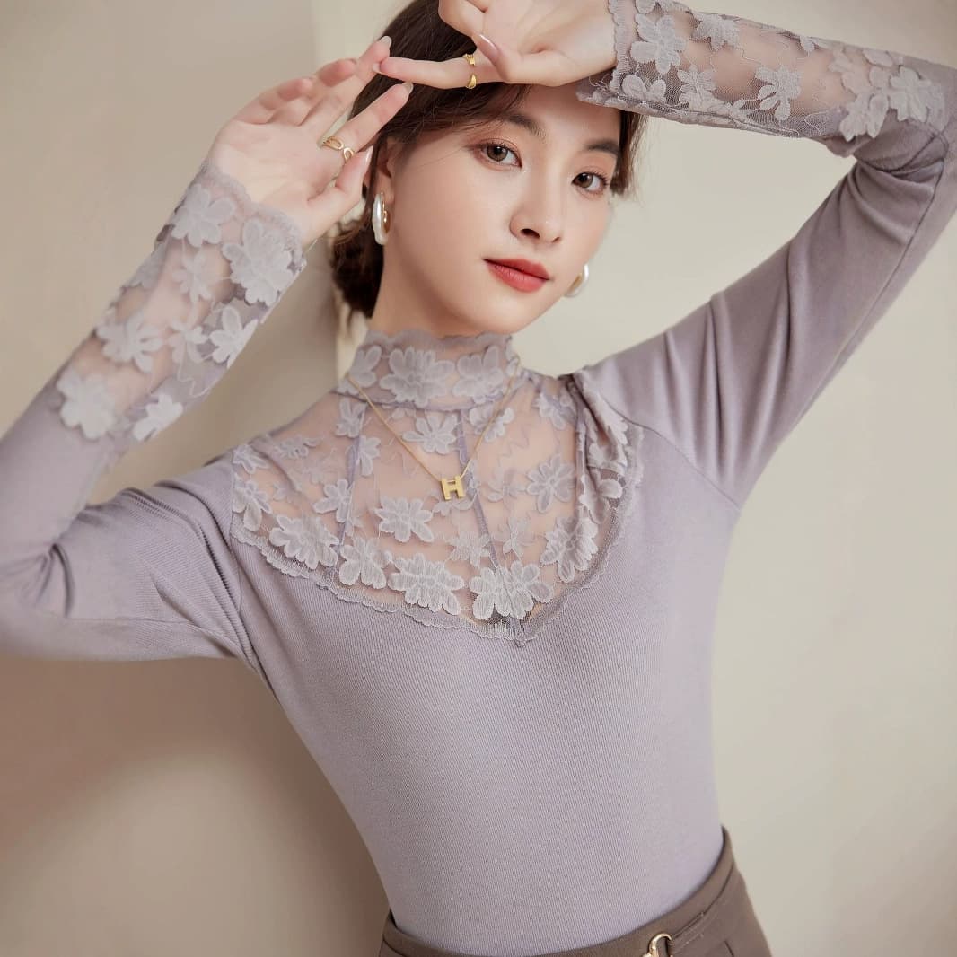 2024 New Thickened Fleece Lace Half Turtleneck Base Layer Top for Women, Slim Fit Long Sleeve Knit Sweater for Spring and Autumn