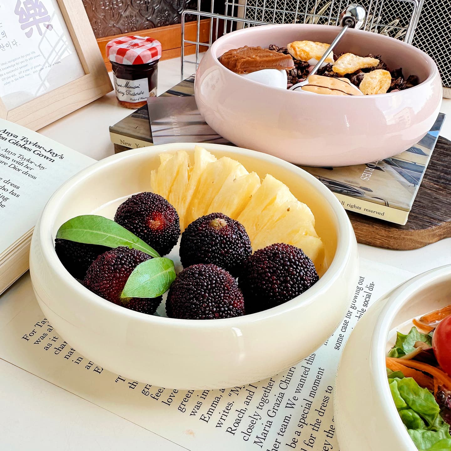 Cream Style Ceramic Fruit Salad Bowl Household 2025 New Rice Bowl Oatmeal Breakfast Dessert Bowl Yogurt Round Bowl