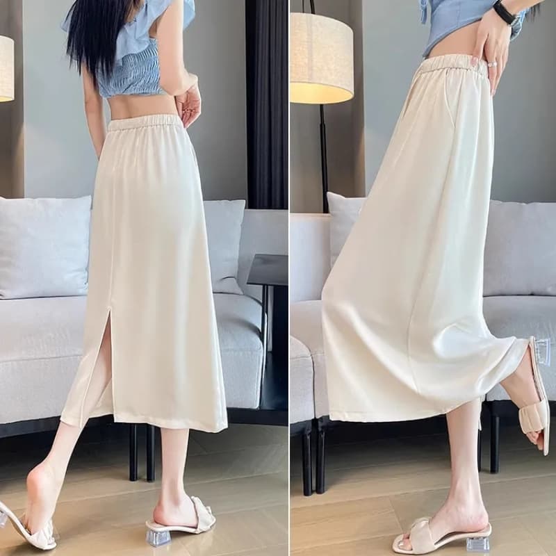 Black Acetate Skirt for Women, Summer Thin Ice Silk High-Waist Slim Fit A-Line Midi Skirt with Drape