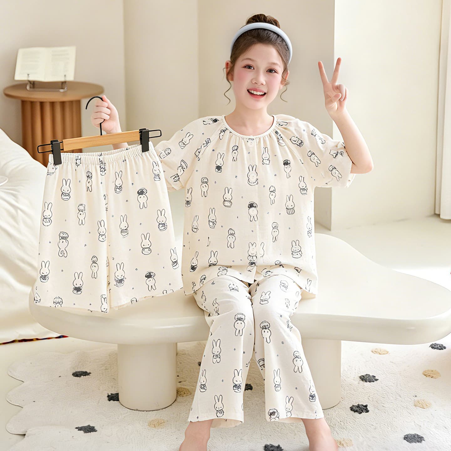Children's pajamas girl cloud cotton summer thin short-sleeved three-piece set cartoon sweet princess home clothes for big children