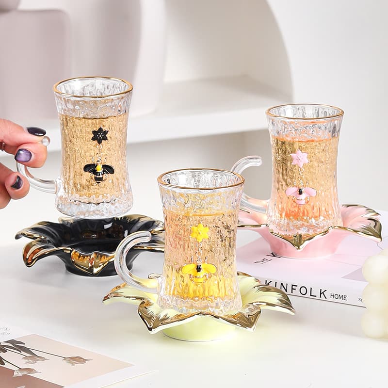 Creative Glass Coffee Cup and Saucer Lily Ceramic Coffee Cup and Saucer Afternoon Tea Cup and Saucer Home Coffee Cup and Saucer