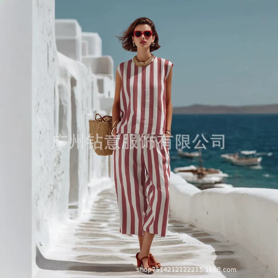 New cross-border foreign trade European and American fashion fashion holiday striped printed sleeveless top and pocket nine-quarter pants set