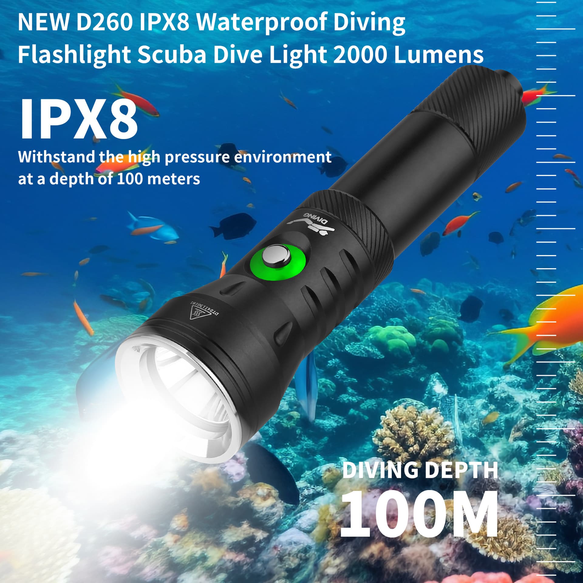 Diving Flashlight Underwater Professional Strong Light Dual-Use Beachcombing Deep Dive Night Dive 2000 Lumens Emergency Lighting