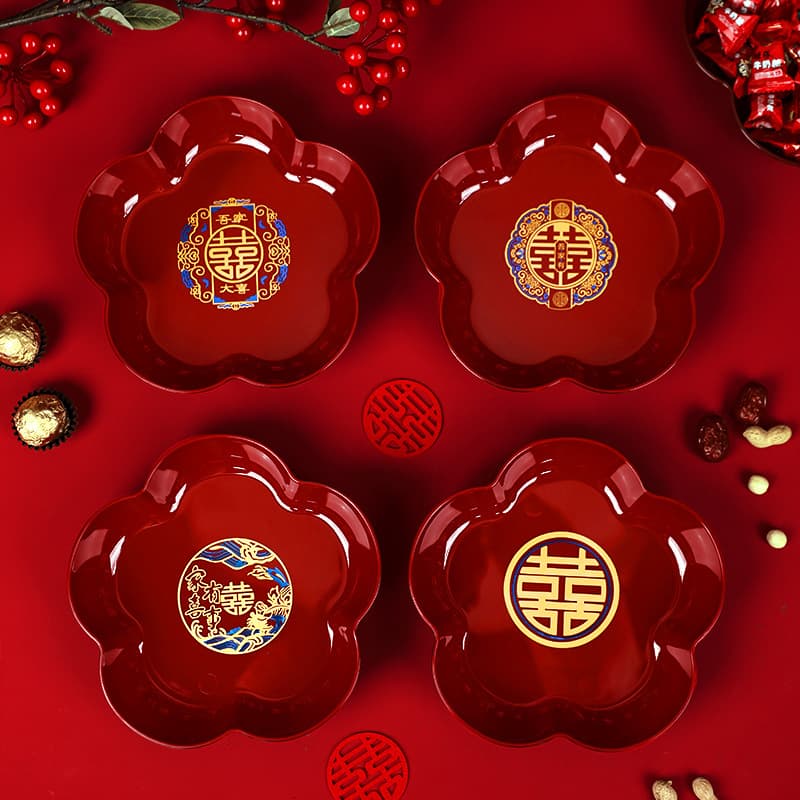 Wedding "Double Happiness" Fruit Plate, Complete Set of Engagement Supplies 2024 New Style, Red Tray for Banquet Candy and Nut Plate