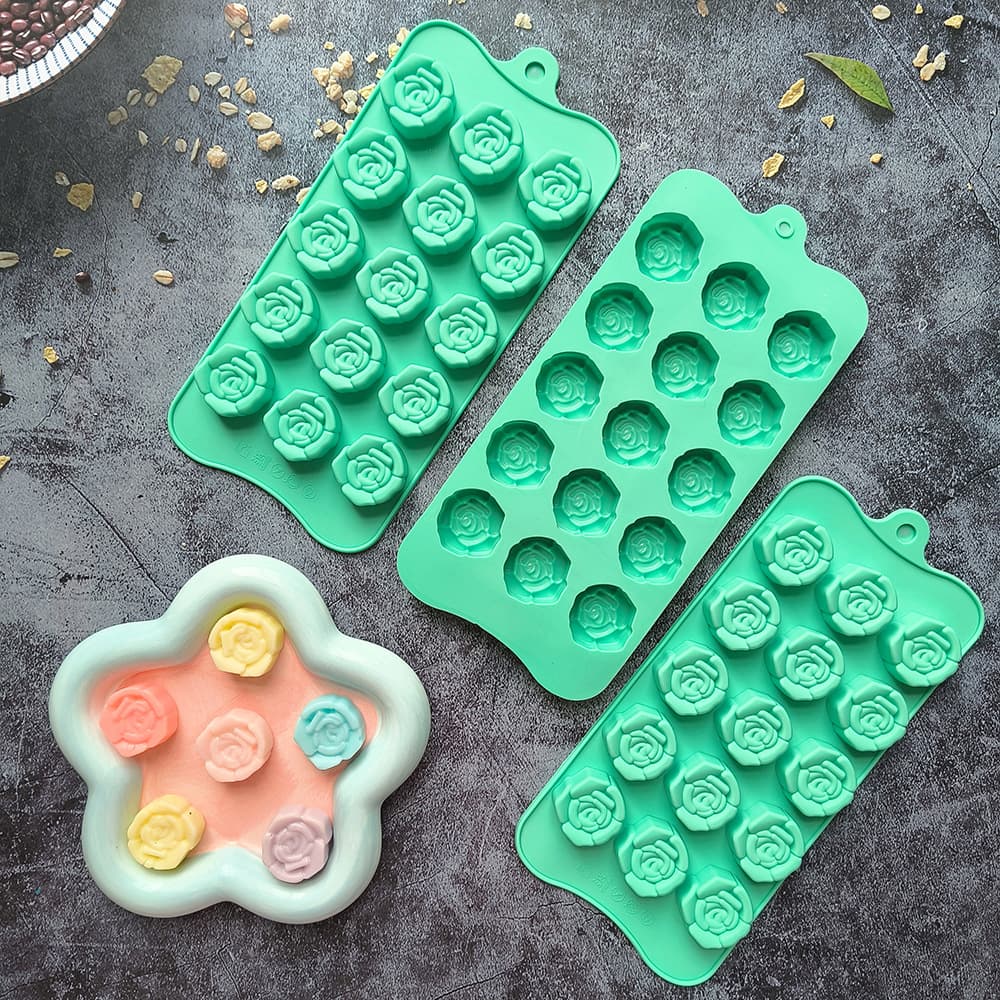Silicone Chocolate Ice Cube Mold 15-Cavity 3D Rose Chocolate 679 Cookie Pudding Mold DIY Candy Mold