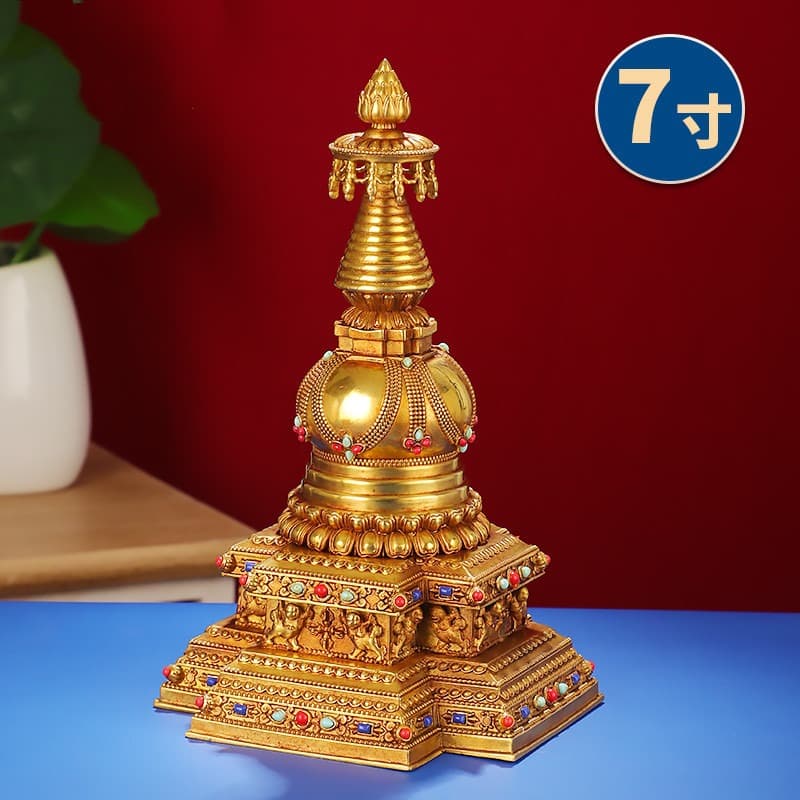 Copper Kadam Stupa Pagoda, Tibet Carved Stupa Ornament, Tibetan Ethnic Esoteric Buddhist Offering, Home Worship Item