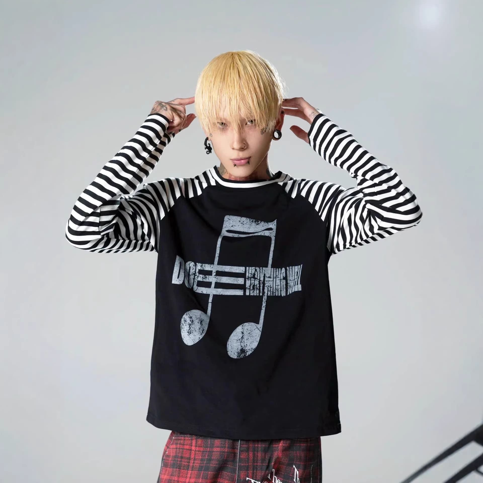 Independent Brand Ins-Style Foreign Trade New Musical Note Print Striped T-Shirt Unisex Street Casual Loose Long-Sleeve T-Shirt