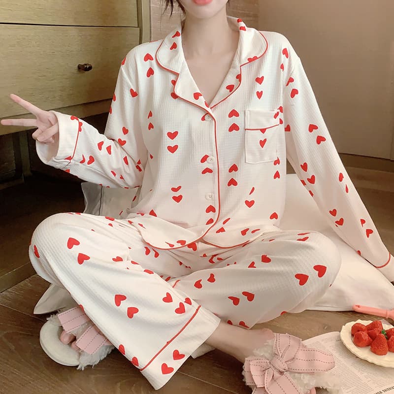 Women's Cross-Border Pajamas Spring & Fall Waffle Cardigan Long-Sleeved Pants Sweet Little Heart Home Clothes Set, Suitable for Outdoor Wear