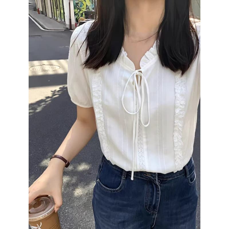 French lace collar lace-up white shirt for women summer new style high-end gentle style chic short-sleeved top