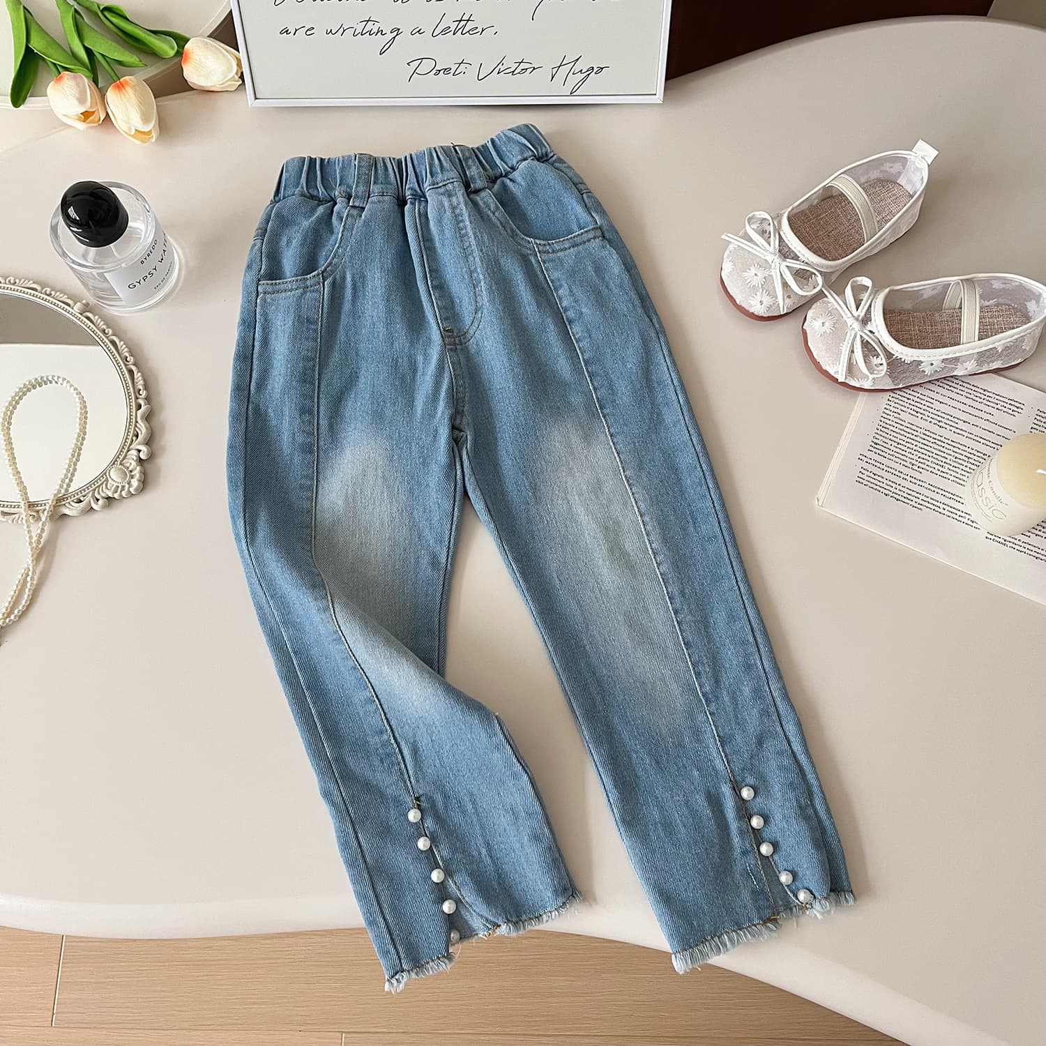 Girls' Jeans 2024 Spring New Korean Style Children's Pearl Hem Slim Fit Denim Pants
