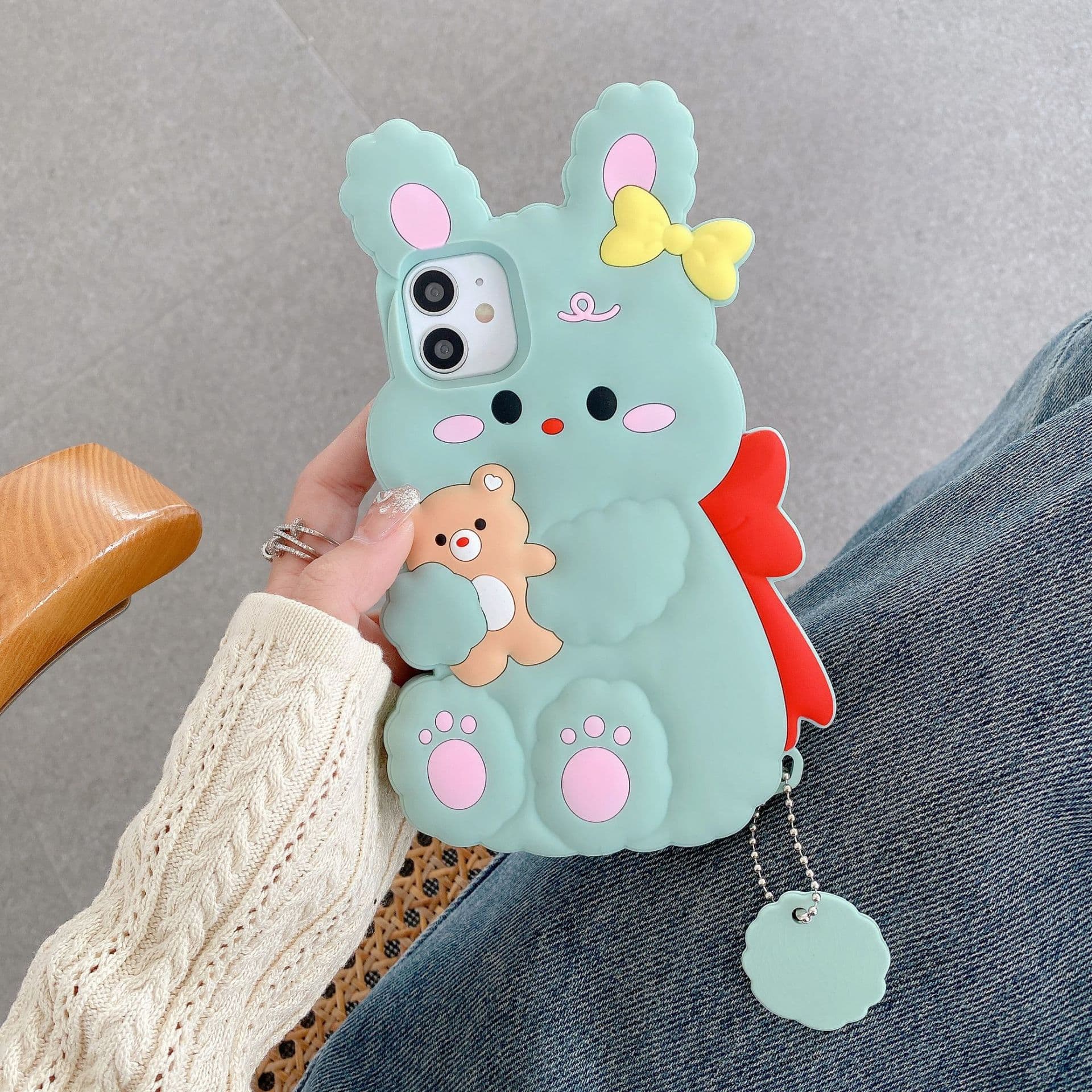 3D Cartoon Bear Rabbit Bow Phone Case for iPhone 14 Pro Max, Compatible with iPhone 13, 11, 12, Silicone