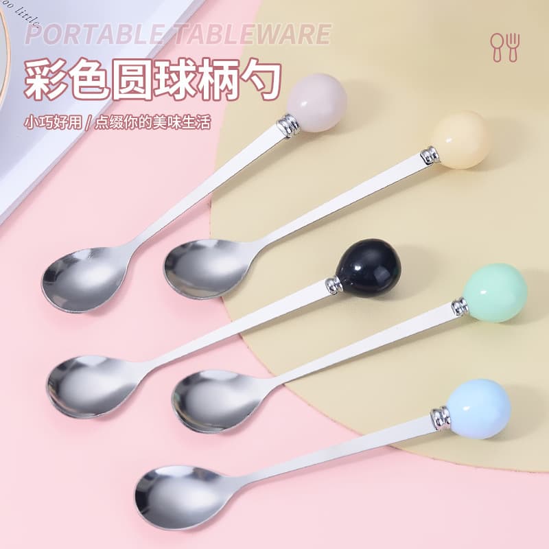 Macaron-colored spoons, creative spherical stainless steel fruit forks, colored glaze stainless steel imitation ceramic handle spoons, Instagram style.