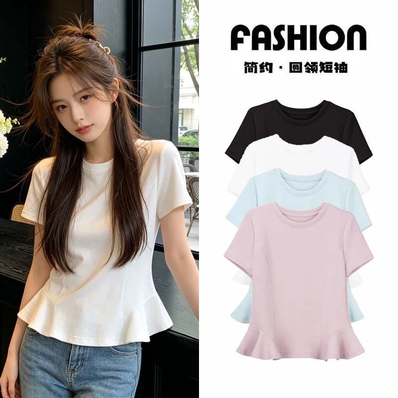 2026 Summer New Fashion Premium Crew Neck Short Sleeve Slim Fit T-Shirt for Women with Waist-Cinching Ruffle Hem