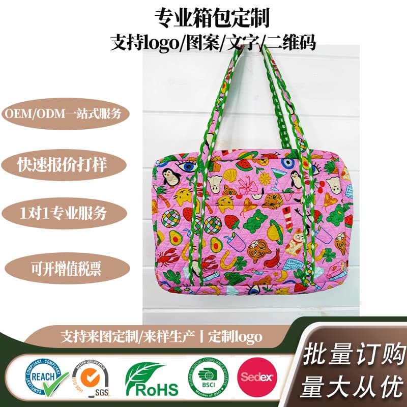 Cartoon Tote Bag Pink Base Cartoon Print Quilted Cotton Large Handbag