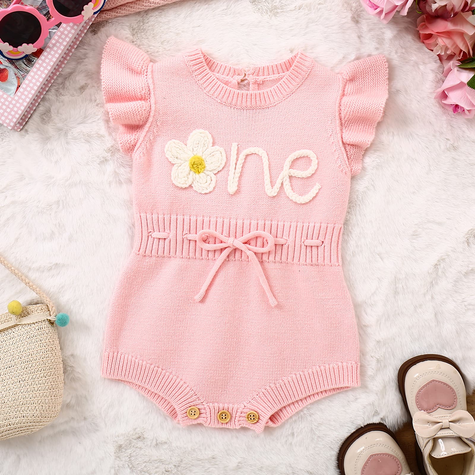 Cross-border Baby Girls' Spring Sweater Romper with Ruffle Sleeves, Floral Embroidery, and Button-Tie Closure