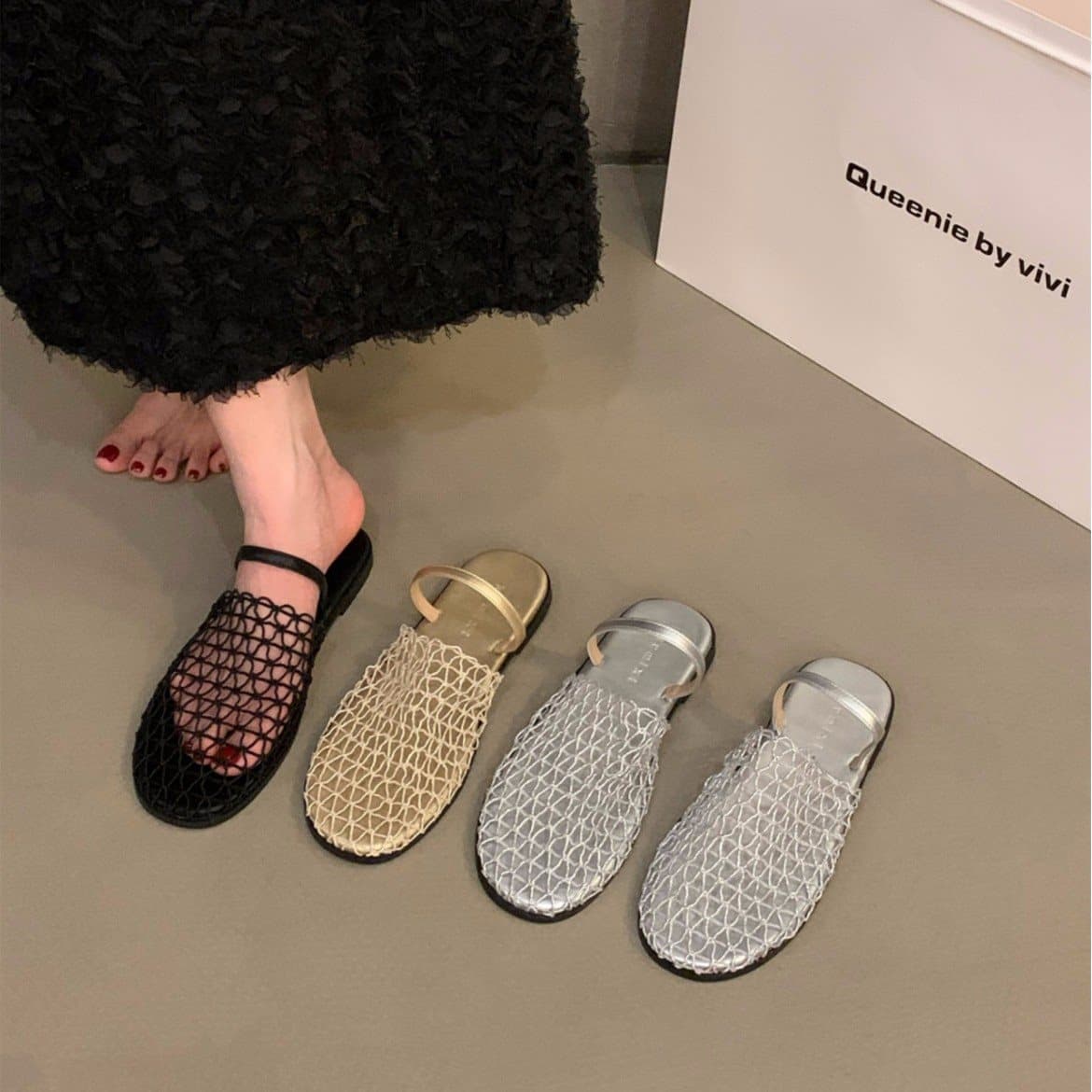 Silver Mesh Sandals 05 New Style Baotou Half Slippers Women's Shoes Cool Shoes 20 Fashionable Soft Bottom Flat Outer Wear Summer