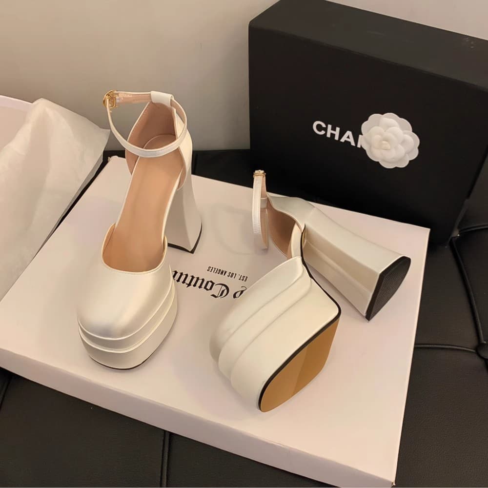 Petite Wedding Shoes for Bride, Thick Platform Chunky Heel 12cm High Heels for Hosting, Performance, Banquet