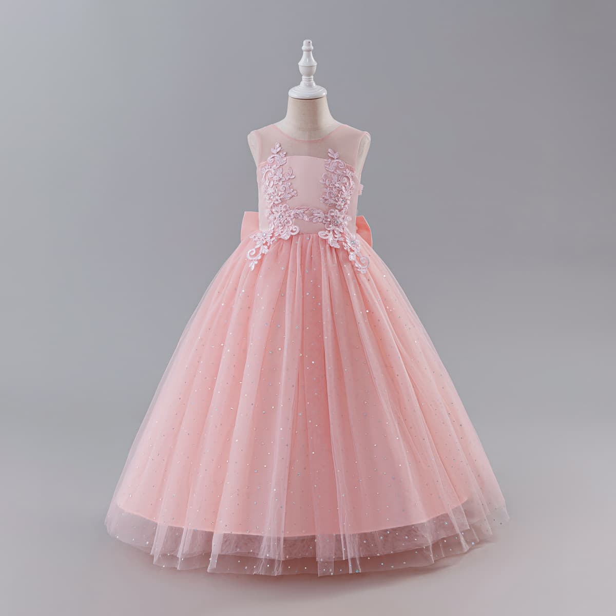 Girls Formal Dress Sleeveless Embroidered Tulle Sequin Long Princess Dress Flower Girl Birthday Party Tutu Dress