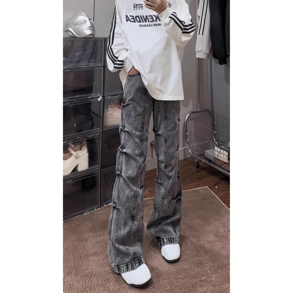 American retro washed black jeans for men spring and autumn new high street vibe pants pleated slimming pants