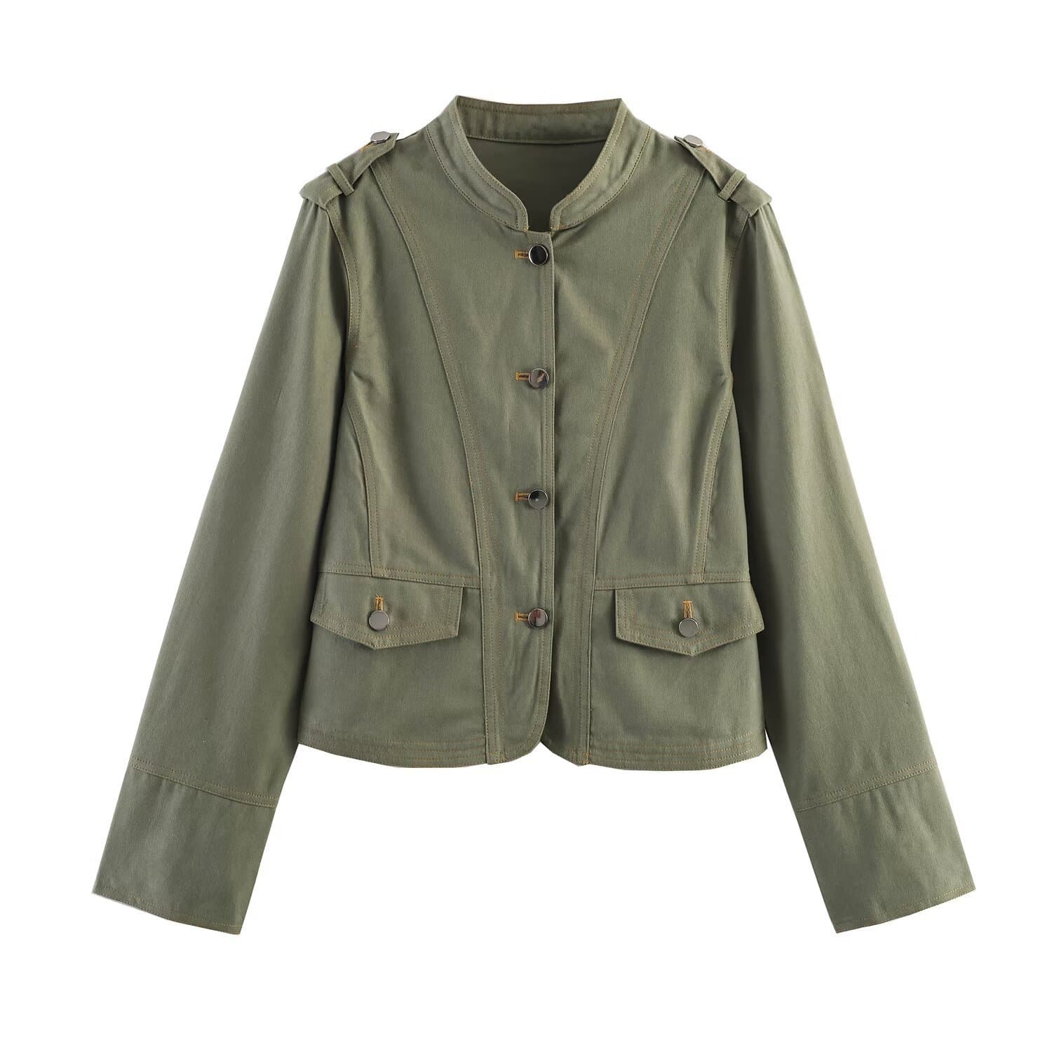 Cross-Border European and American Women's Fashion AliExpress Hot Selling Trendy Casual Long Sleeve Round Neck Topstitching Button Trim Drape Coat