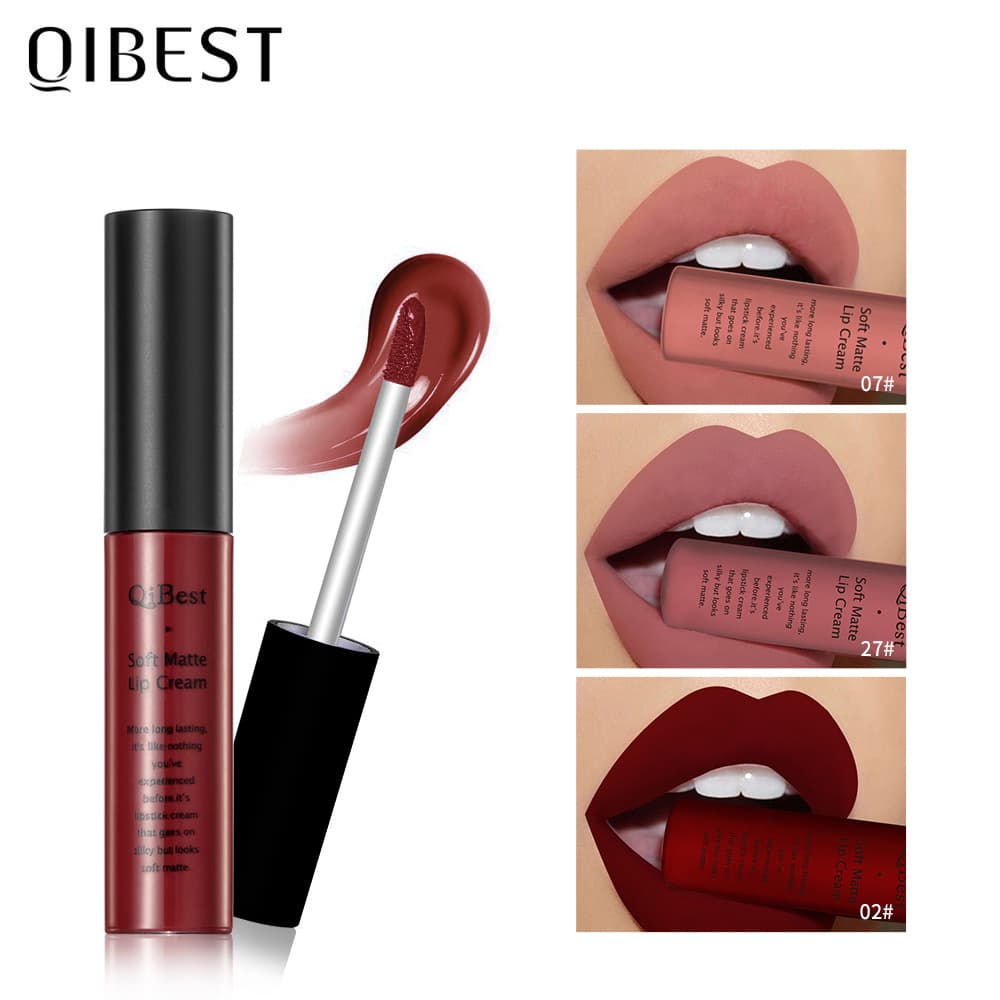 QIBEST Soft Matte Lip Gloss, non-transferable and long-lasting, matte liquid lipstick in nude shades, European and American style.